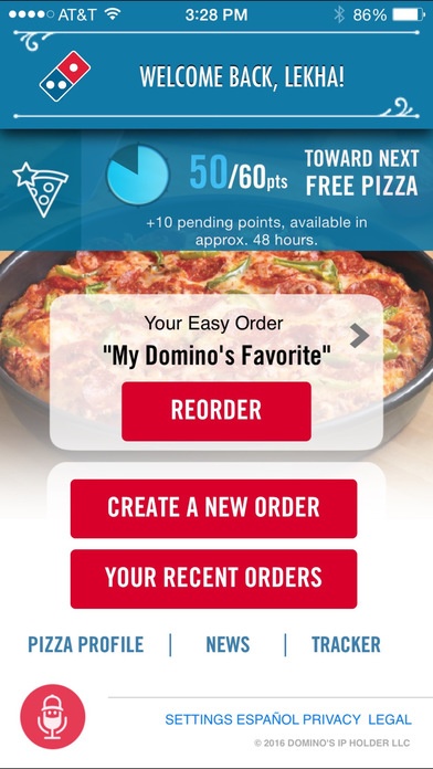 Domino's pizza one click ordering